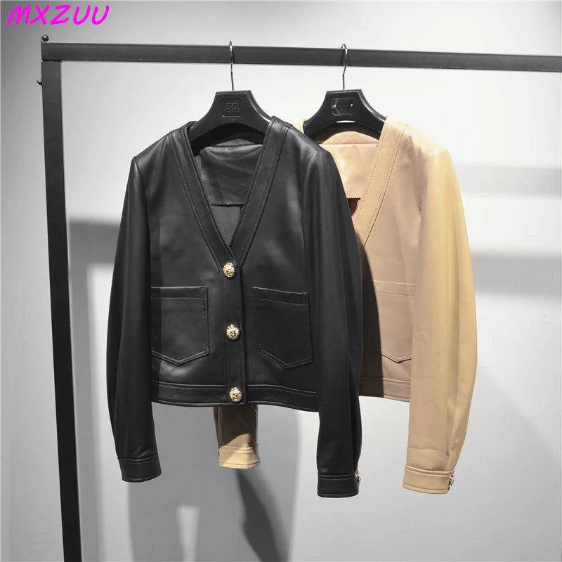 Genuine Sheepskin Casacas Para Mujer Women Casual V-neck Short Khaki/White/Black Leather Jacket Feminino Slim Tops Trendy Pocket