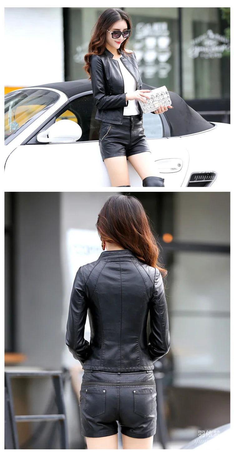 New Women Spring Autumn Leather Jacket Fashion Small Stand Collar Long Sleeve Slim Sheepskin Jacket Split Leather Short Coat