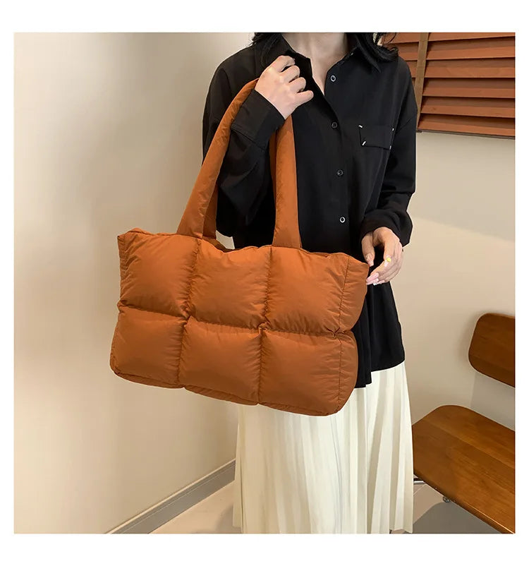 Quilted Plaid Bag Women Tote Handbags Retro Trendy Checkered Waterproof Shoulder Bag Solid Color Winter Soft Large Capacity Bags