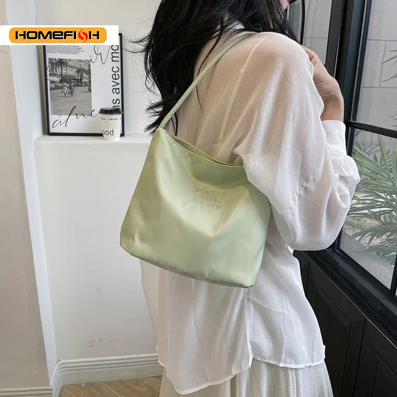 Embroidered Nylon Bucket Bag, Japanese Style Commuter Single Shoulder Bag, Fashion Spring Summer Small Square Handbag for Women