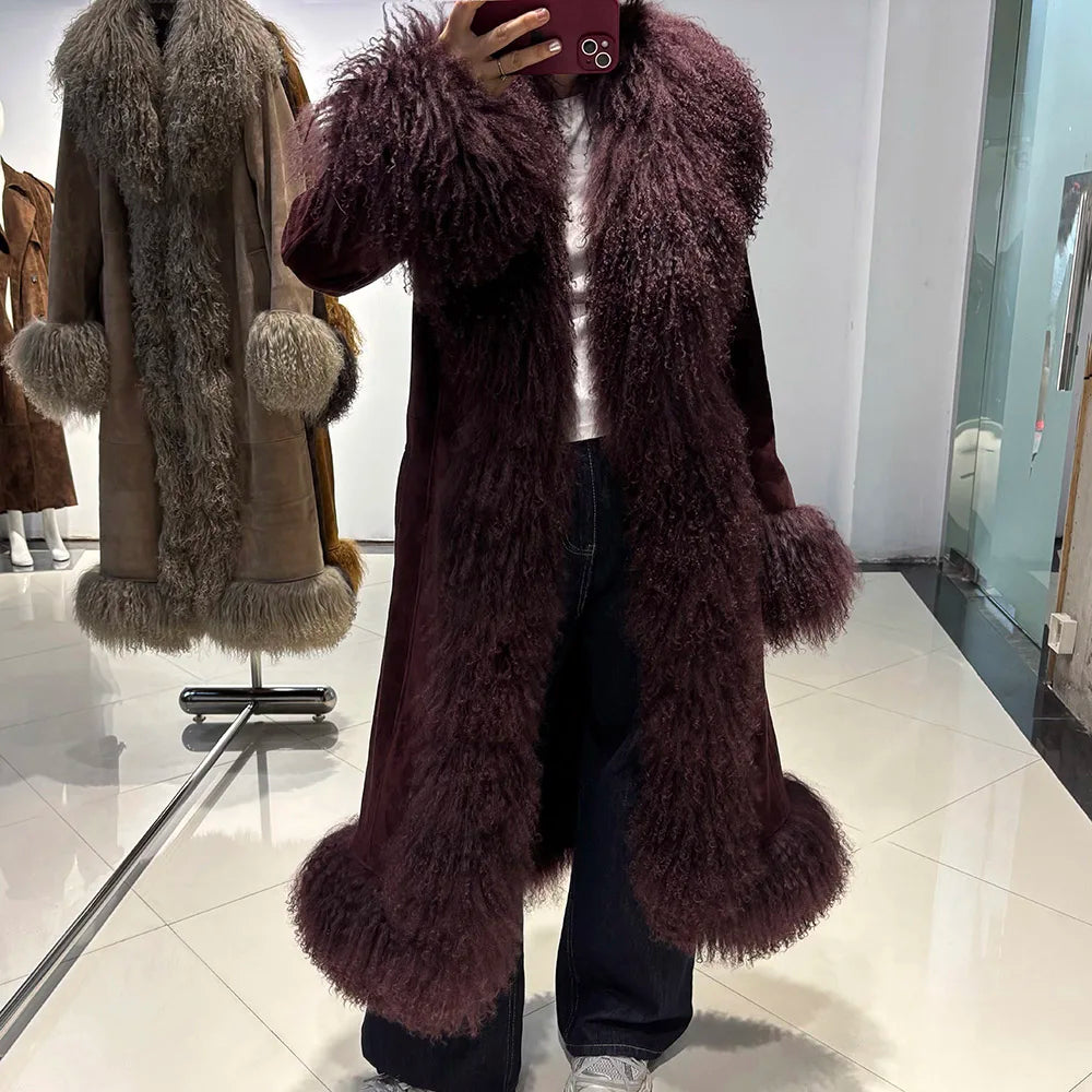 YOLOAgain Mongolia Sheep Fur Collar Real Leather Coat Women Suede Jacket 2025 Winter Outerwear
