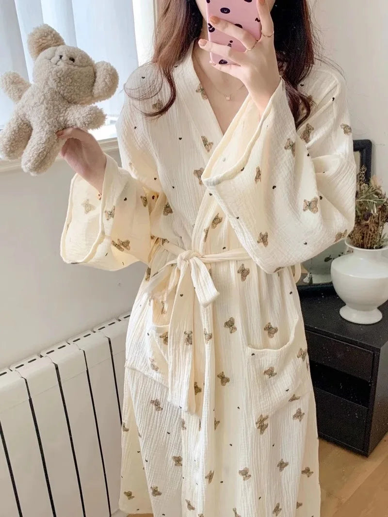 Women Bathing Robe Cartoon Cute Bear Print Bathrobe Nightgown Cardigan Long Sleeve Nightdress Plus Size Loungewear Nightgown Ro