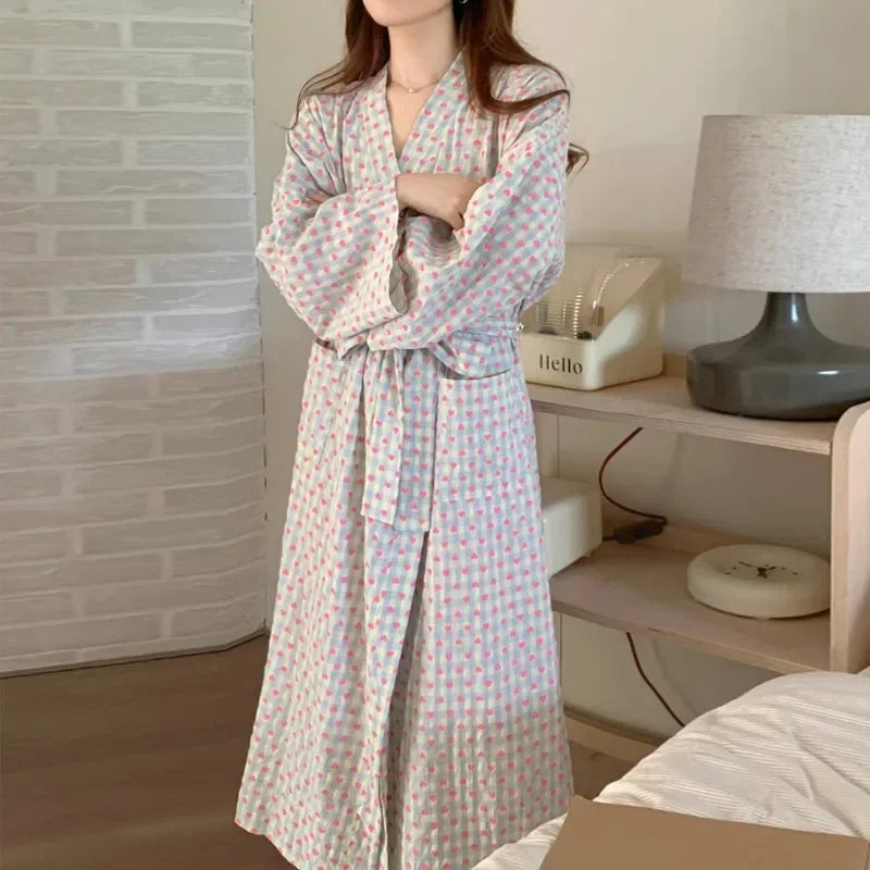CHUANGERM Women Sweet Plaid Long Sleeve V‑Neck Lace Up Loose Medium‑Long Robe Comfortable Sexy Home Wear Loungewear