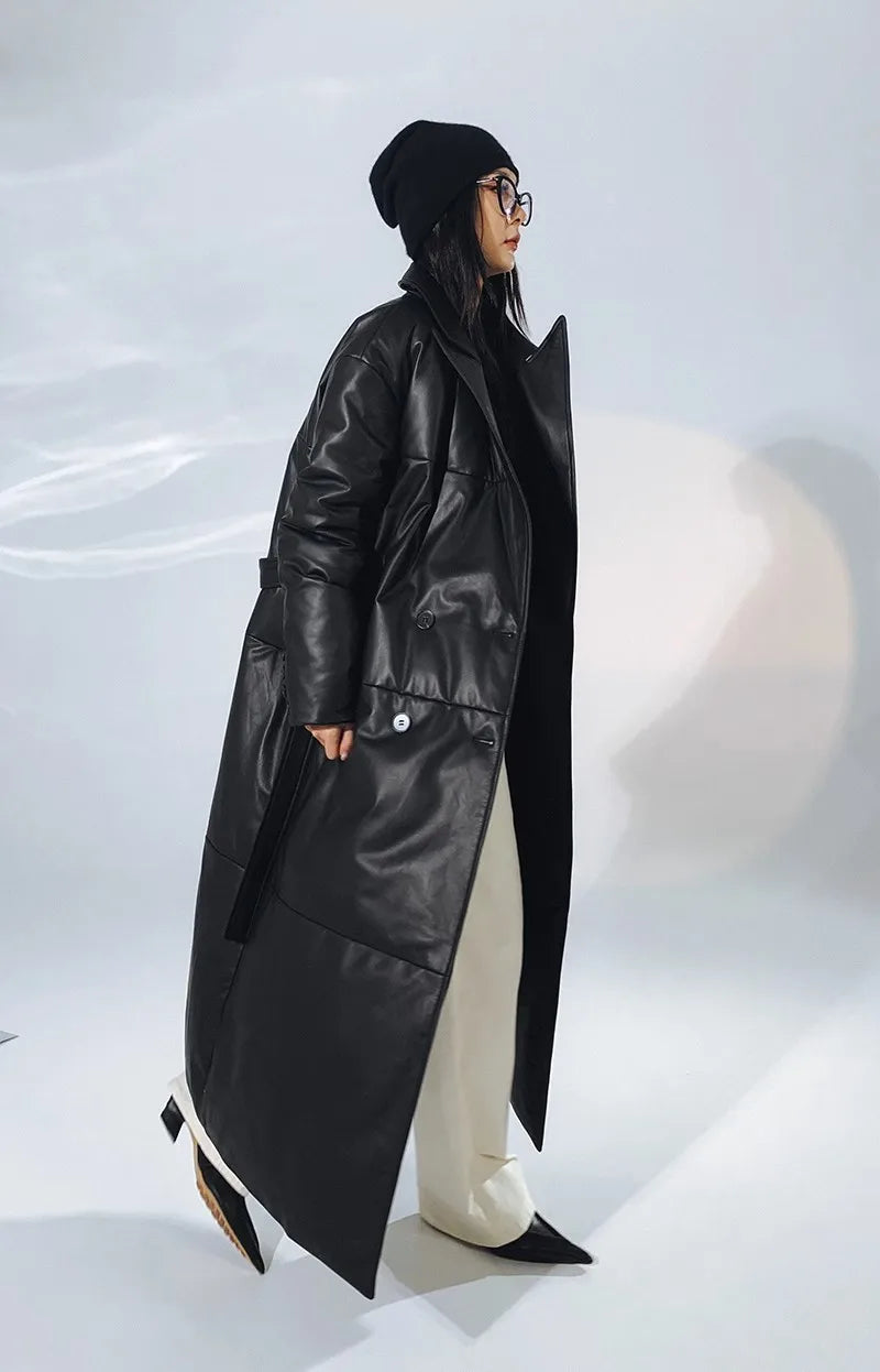 Women's Leather Down Jacket, Loose, Extra Length Design, Goose Down Coat, Suit Collar, Sheepskin Coat, Fashion