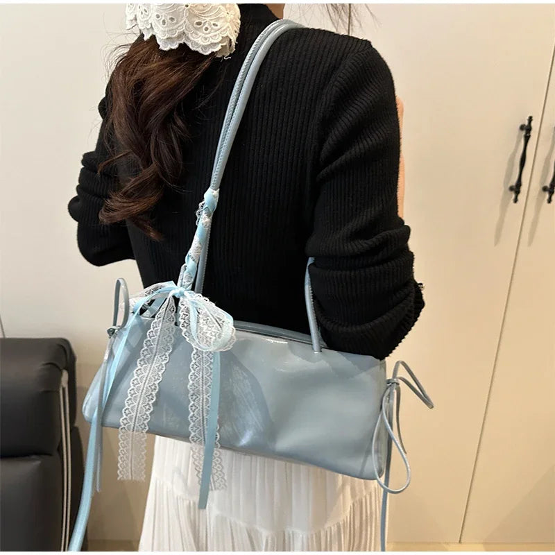 French Elegant Square Bag Korean Bow Decoration Pu High-quality Bag Niche Simple Ballet Style Shoulder Bag New Casual Women Bags