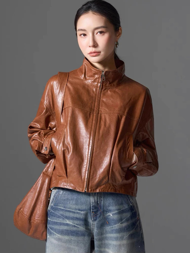 Women Spring Black Genuine Sheepskin Leather Short Jacket Coat Autumn Real Leather Jacket