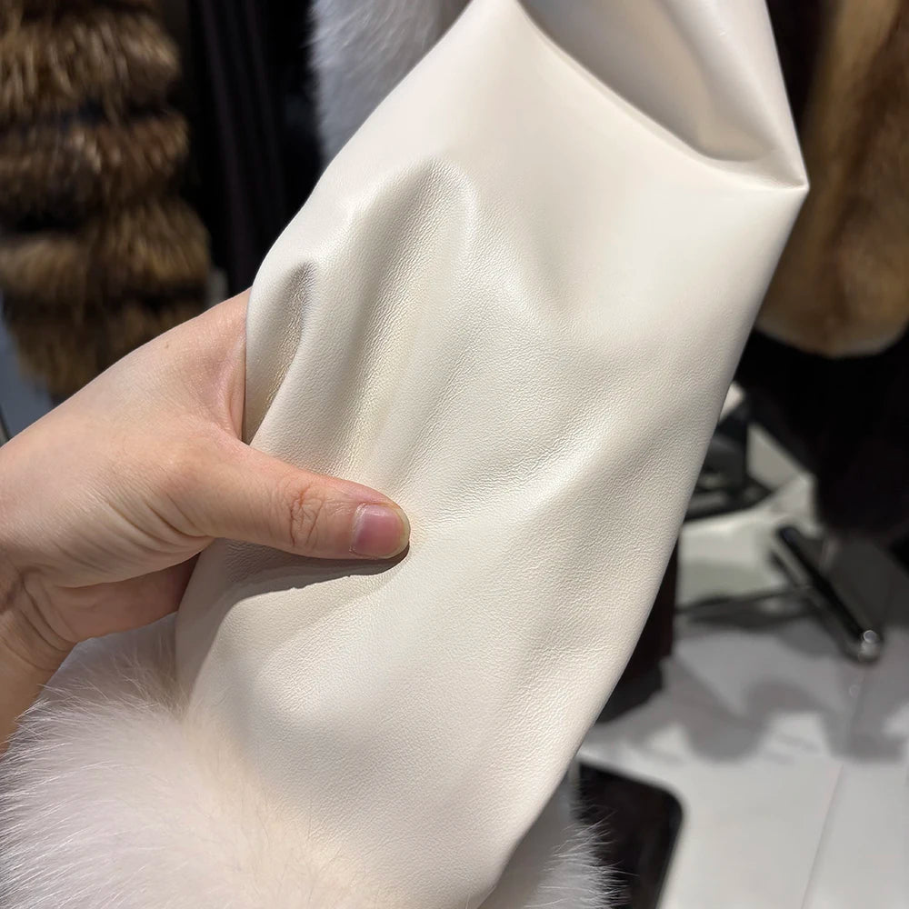 YOLOAgain Real Leather Jacket Women With Fox Fur Collar Cuffs Slim Fit Genuine Sheepskin Coat Female