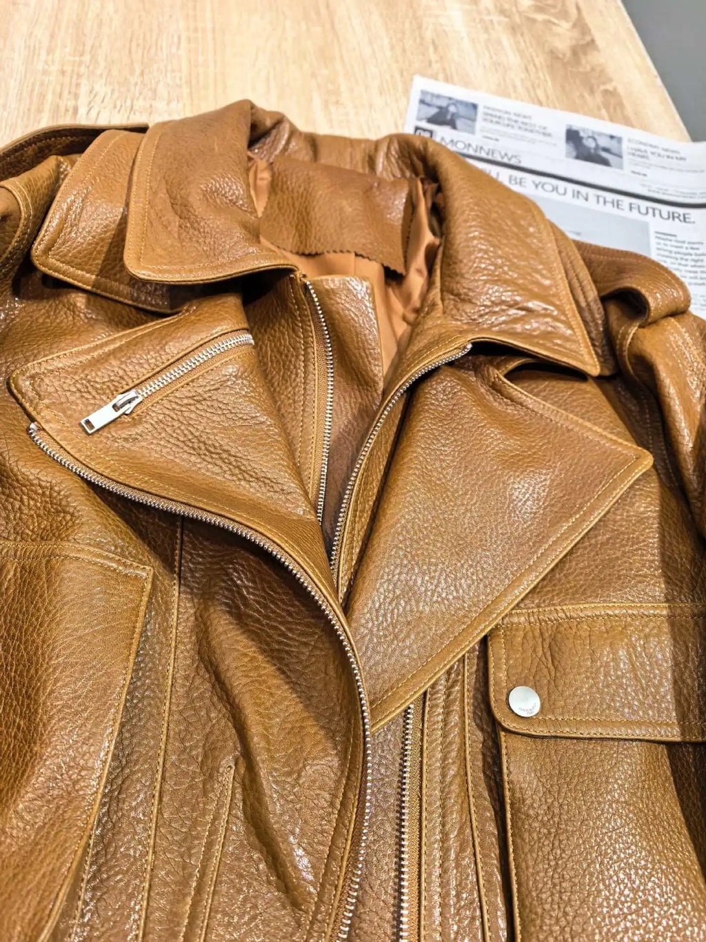 Leather Coat Autumn Winter Women Vintage Fashion Double Collar Lychee Pattern Sheepskin Bubble Leather Zipper Motorcycle Jacket