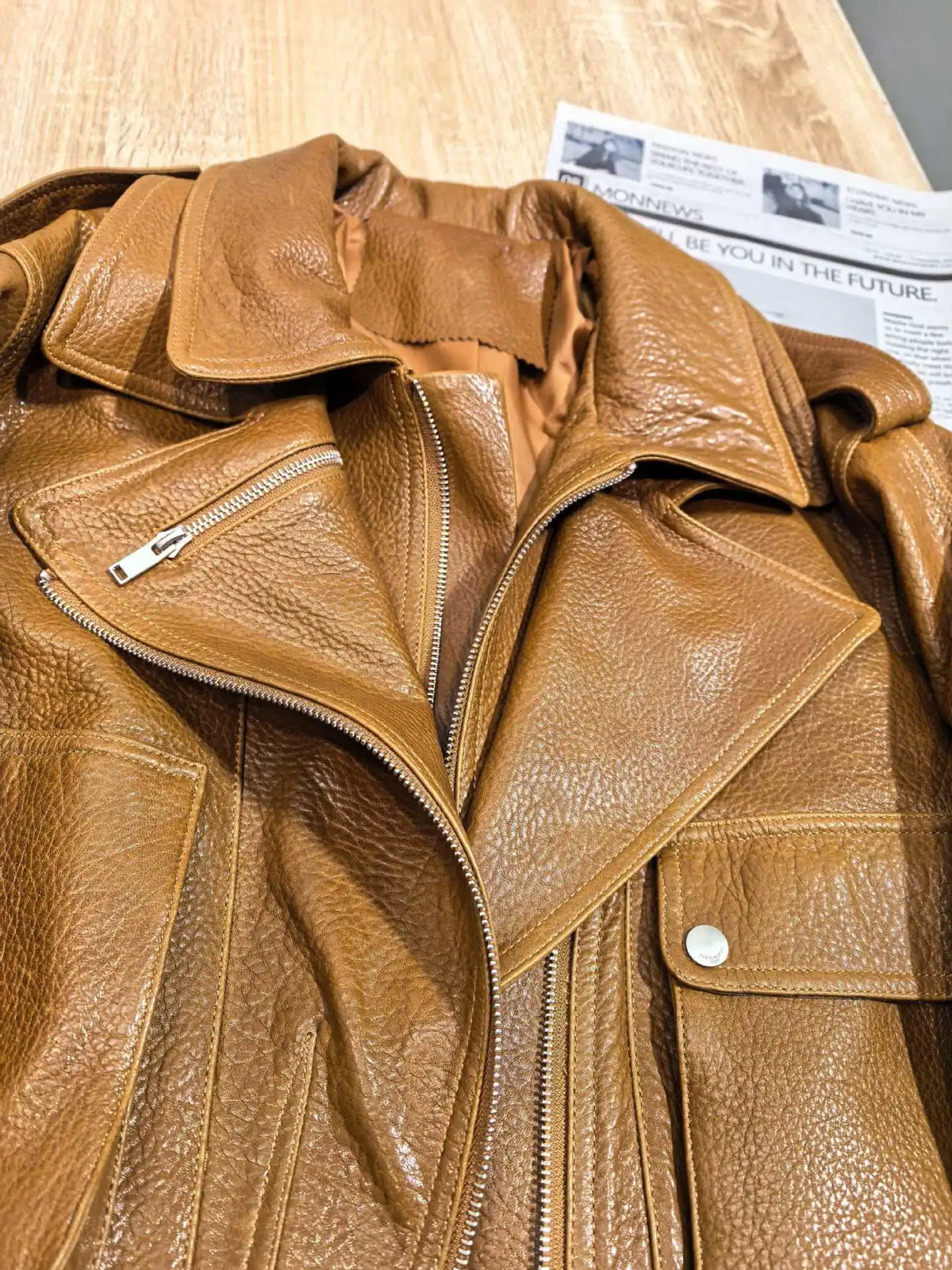 Leather Coat Autumn Winter Women Vintage Fashion Double Collar Lychee Pattern Sheepskin Bubble Leather Zipper Motorcycle Jacket