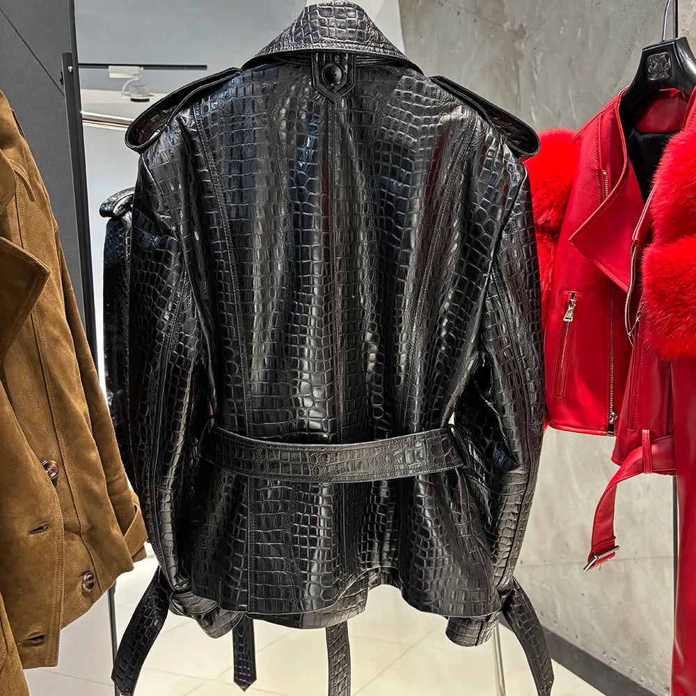 YOLOAgain High Quality Suede Leather Jacket Women With Belt Double Breasted Croc Pattern Jacket Female