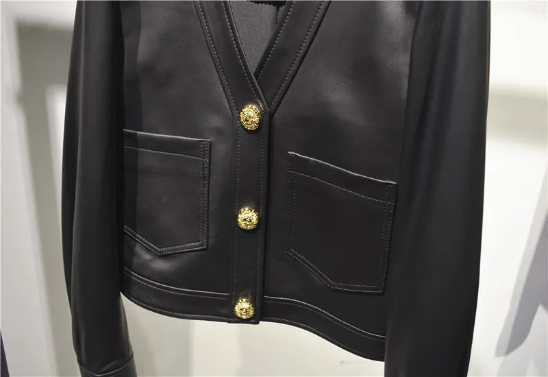 Genuine Sheepskin Casacas Para Mujer Women Casual V-neck Short Khaki/White/Black Leather Jacket Feminino Slim Tops Trendy Pocket