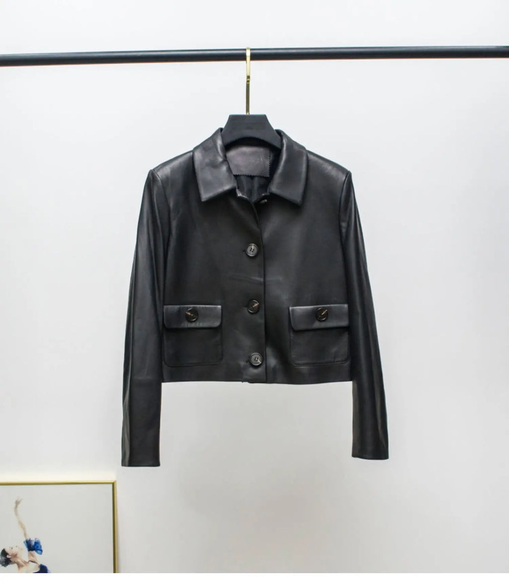 Women Genuine Leather Jacket 2025 Winter Female Square Collar Pocket Single-Breasted Slim Short Coat Mujer Outwear Blazer Kurtki