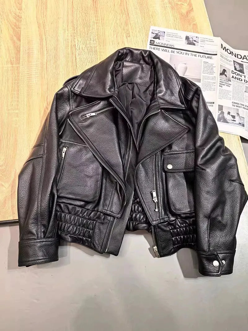 Punk Women Vintage Genuine Leather Jacket Lapel Streetwear Motorcycle Short Coat Loose Fit High Quality Real Sheepskin Outerwear