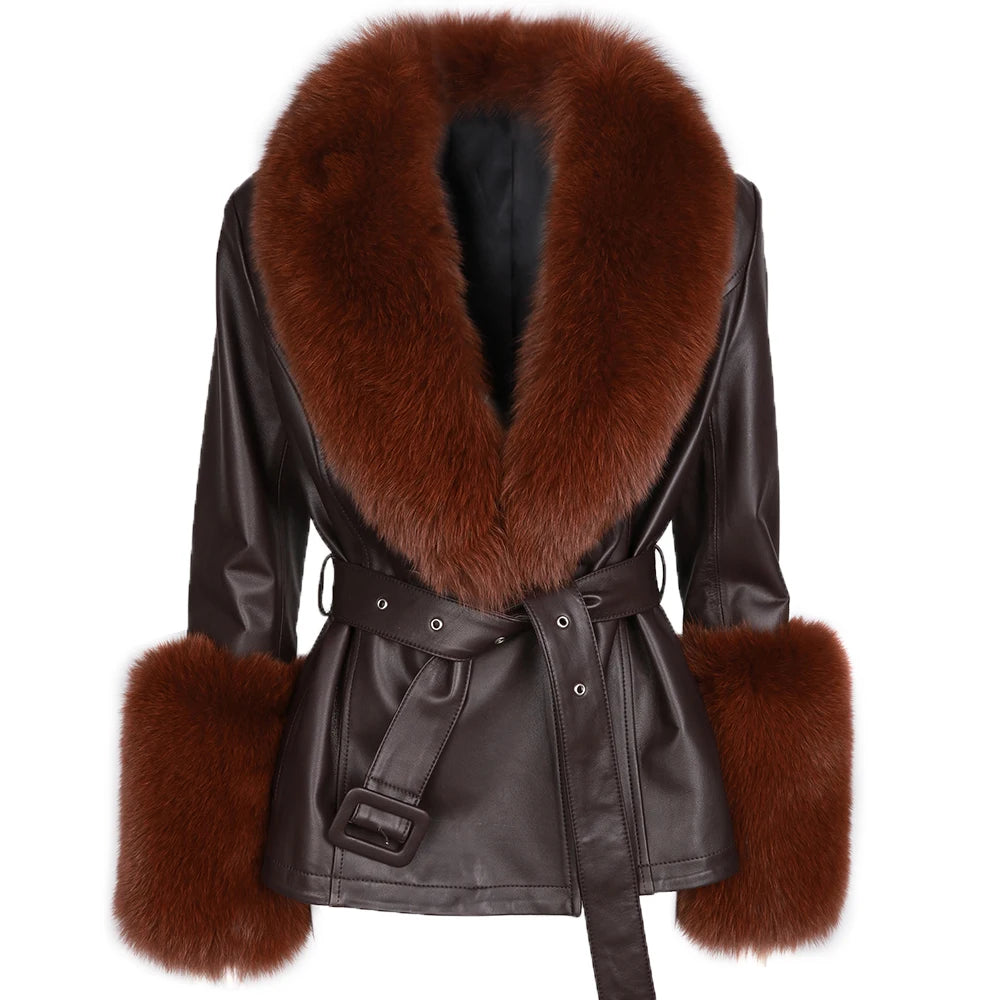 YOLOAgain Women's Real Fox Fur Collar Sheepskin Leather Jacket Coat Autumn 2025
