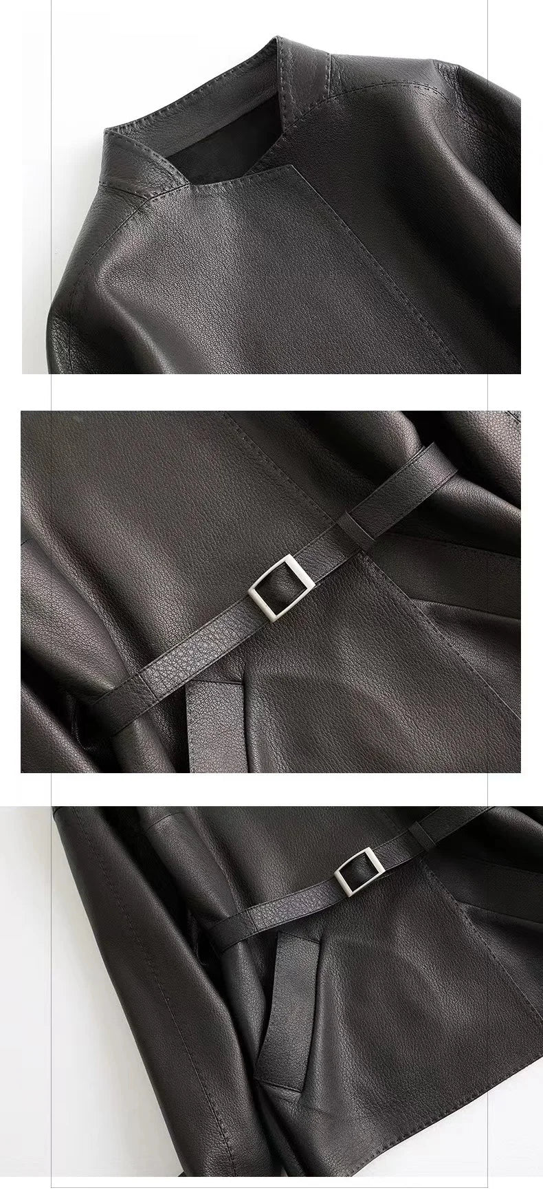 Japanese Style 2025 New Sheepskin Leather Coat for Women Elegant Square Neck Veins Skin Belt Short Jackets Coffee Jaqueta Couro