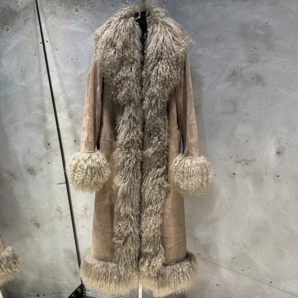 Sheep Fur Coat Long Women Autumn Genuine Sheepskin Coat Long with Mongfolian Fur Trim