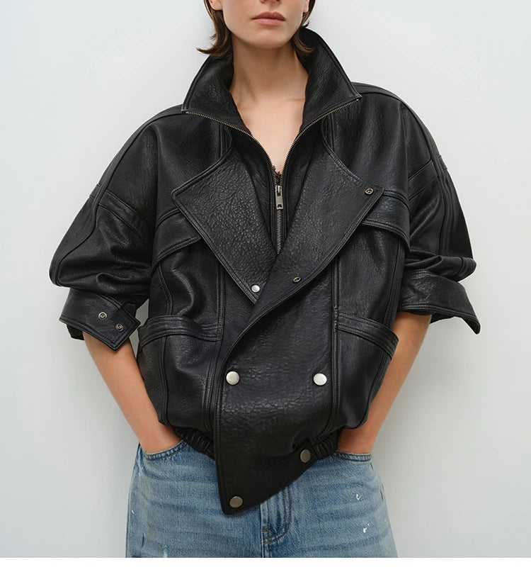 Brown Sheepskin Bubble Skin Coat Female Retro Double Layer Collar Double Breasted Zipper Loose Leather Jacket Winter Outerwear