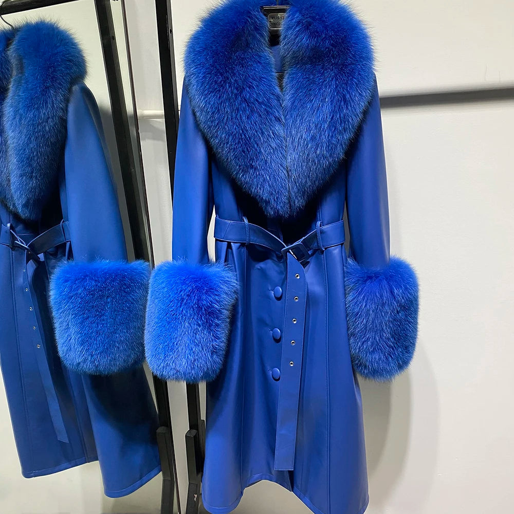 YOLOAgain Burgundy Real Fox Fur Collar Leather Trench Coat Women Genuine Leather Jacket Long Female