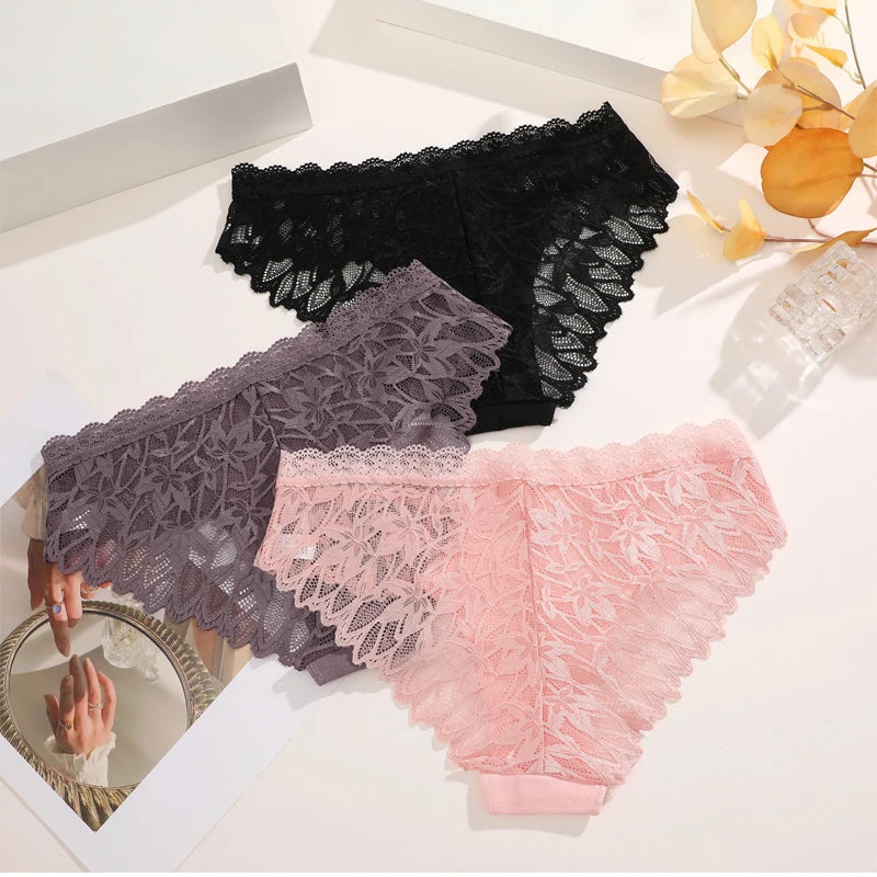 FINETOO 3Pcs Lace Hollow Out Underwear for Women Sexy Low-Waist Floral Briefs Female Invisible Breathable Lingerie Soft Intimate
