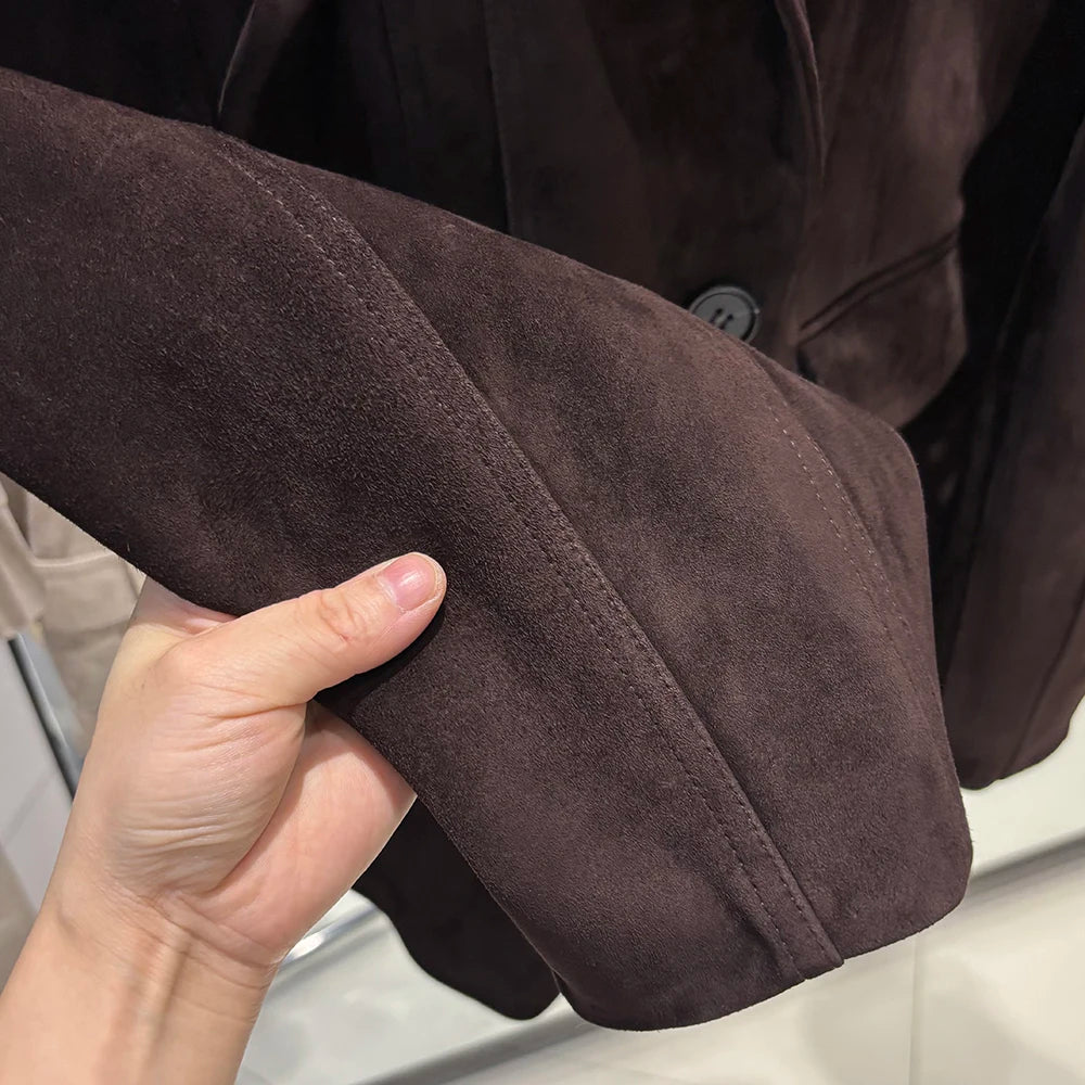 YOLOAgain Vintage Suede Blazer Jacket Women Double Breasted Lapel Dark Brown Genuine Sheepskin Leather Jacket Coat Female