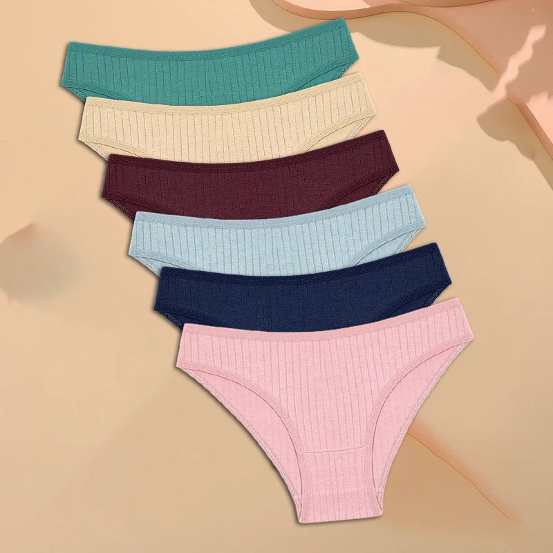 FINETOO 6PCS/SET Women's Cotton Panties Sexy Soft Striped Underpants Solid Color Briefs Female Comfortable Stretch Lingerie M-XL