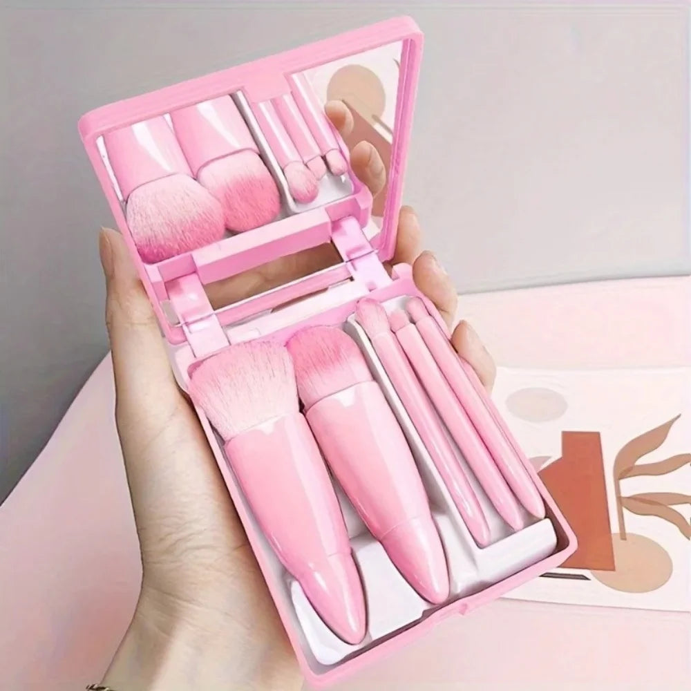 Cosmetic Brush 5PCS Portable Makeup Brush Travel with Mirror Box Makeup Set Brush Loose Powder Brush Blush Brush Eyeshadow Brush