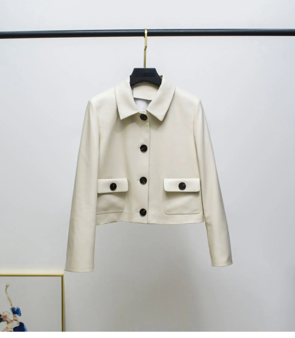 Women Genuine Leather Jacket 2025 Winter Female Square Collar Pocket Single-Breasted Slim Short Coat Mujer Outwear Blazer Kurtki