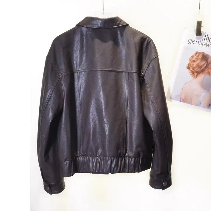 Genuine Leather Jacket for Women Sheepskin Leather Short Coat Female Collar Cropped Veste Woman Clothing Basic Daily Outfit