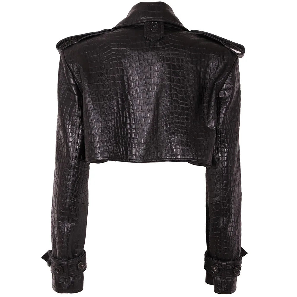 YOLOAgain Croc Pattern Real Leather Cropped Jacket Women Genuine Leather Jacket Female Streetwear