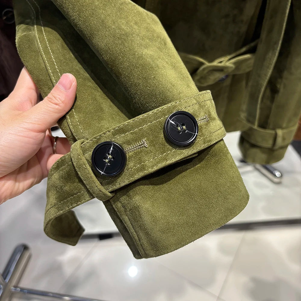 YOLOAgain High Quality Suede Leather Jacket Women With Belt Double Breasted Croc Pattern Jacket Female