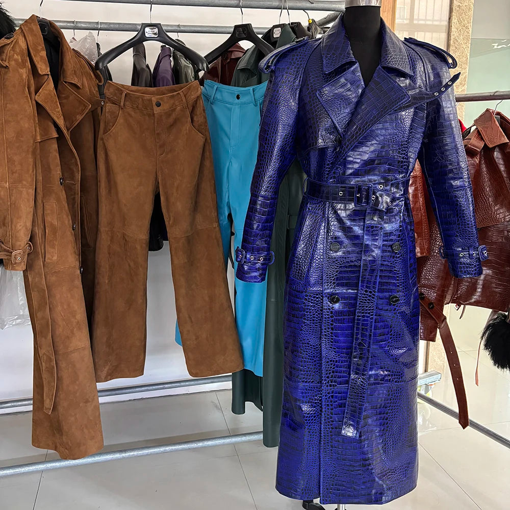 YOLOAgain 150cm Extra Length Real Leather Trench Coat Women Double Breasted Suede Coat Female