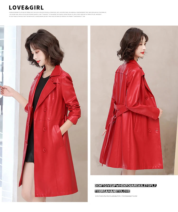 2026 Spring Autumn Sheep Leather Long Trench Coat Women Double Breasted Slim Trench Coat Female Outwear Fashion Windbreaker