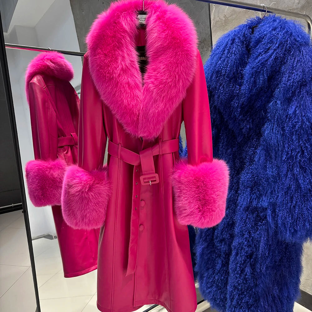 YOLOAgain Burgundy Real Fox Fur Collar Leather Trench Coat Women Genuine Leather Jacket Long Female