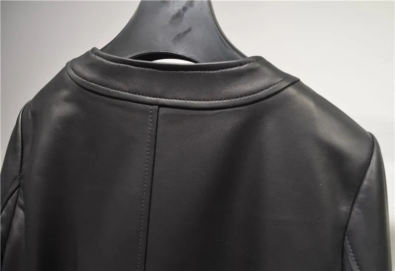 Genuine Sheepskin Casacas Para Mujer Women Casual V-neck Short Khaki/White/Black Leather Jacket Feminino Slim Tops Trendy Pocket