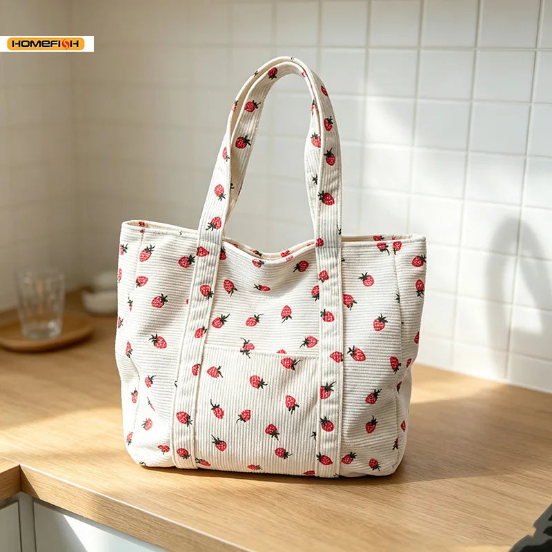 HOMEFISH Corduroy Strawberry Handbag Large Capacity Women Tote Bag Versatile Shoulder Commuter Beach Bag