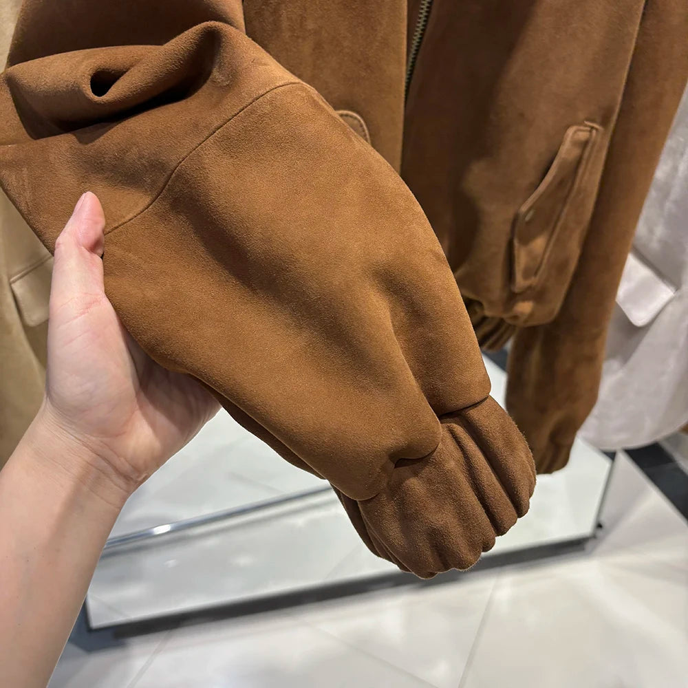YOLOAgain Suede Leather Jacket Coat Women Real Leather Cropped Jacket Bomber Jacket