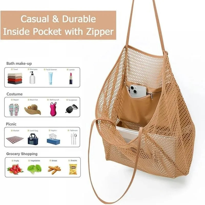 Homefish Large Capacity Woven Polyester Beach Tote Bag For Women Durable Open Top For Travel Shopping Daily Outdoor Use