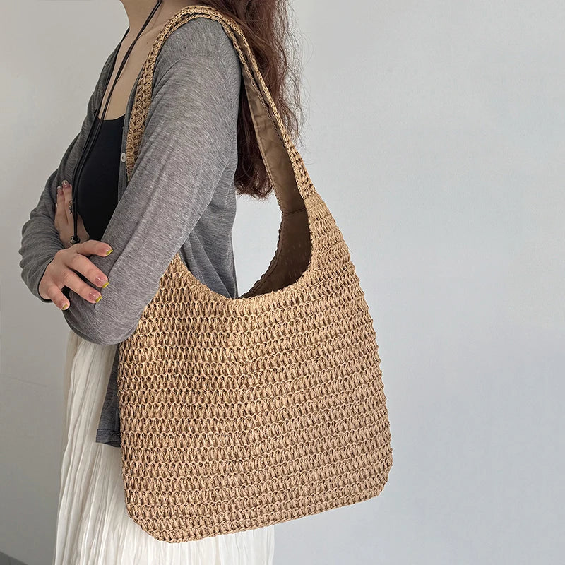 Fashion Rattan Women Shoulder Bags Woven Female Handbags Large Capacity Summer Beach Straw Bags Casual Tote Purses