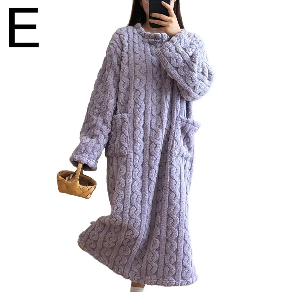 Coral Velvet Women's Nightgown Autumn And Winter Long Sleeve Double Pocket Flannel Nightgowns Women Loose Solid Sleepwear