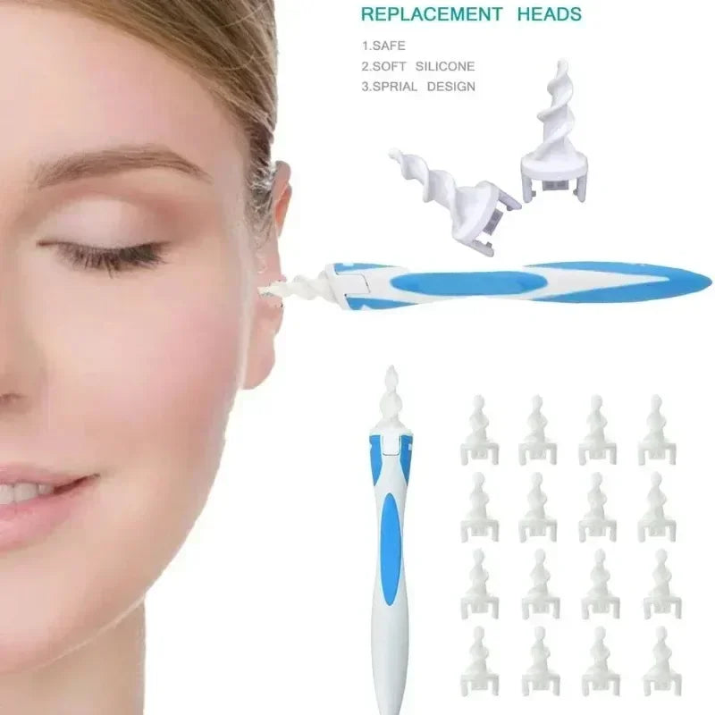 Portable Spiral Ear Wax Remover Tool Ear Cleaner with Soft Silicone 16 Replacement Tips Simply To Grab Extract Earwax