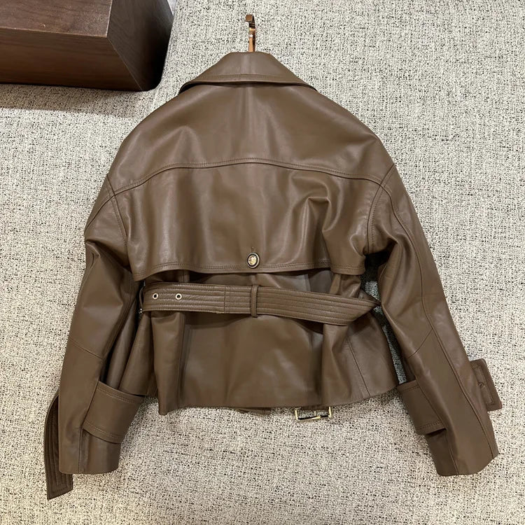 Leather Jacket for Women Spring Double-Breasted Belt Waist Closing Slim Ceket Kadın Imported Sheepskin Loose Short Trench Coat
