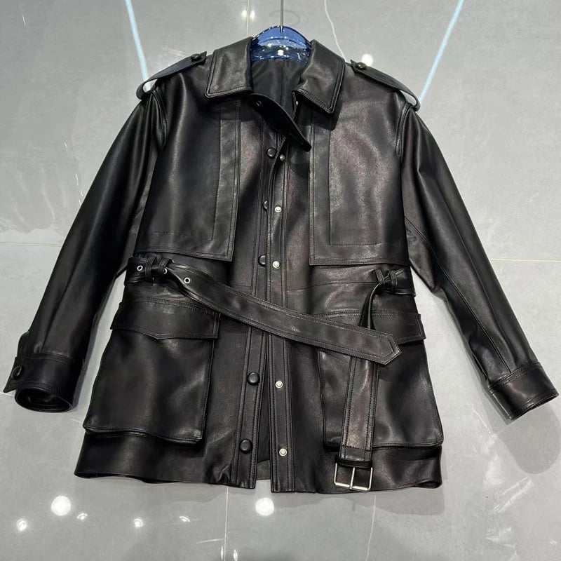 Winter Genuine Leather Outwears For Women High Quality Female Large Pocket Epaulet Belt Mid Long Jacket Female Warm Windbreaker