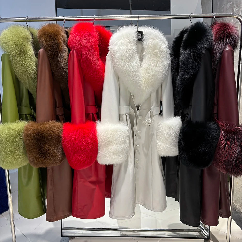 YOLOAgain Burgundy Real Fox Fur Collar Leather Trench Coat Women Genuine Leather Jacket Long Female
