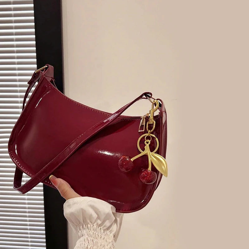 Women's PU Leather Handbag Versatile Fashion Solid Color Cherry Pendant Shoulder Bag Casual Commuting Bag Underarm Bag