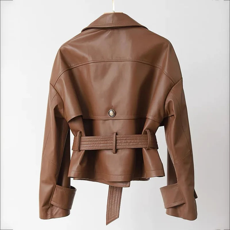 Leather Jacket for Women Spring Double-Breasted Belt Waist Closing Slim Ceket Kadın Imported Sheepskin Loose Short Trench Coat