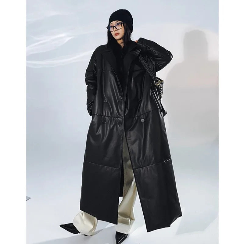 Women's Leather Down Jacket, Loose, Extra Length Design, Goose Down Coat, Suit Collar, Sheepskin Coat, Fashion