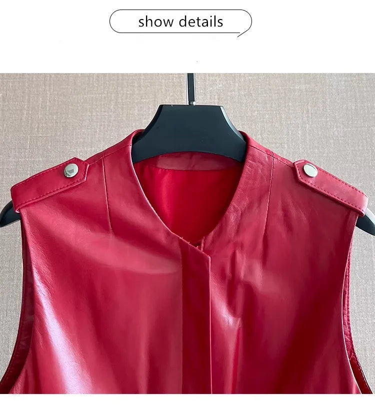 Women's Slim Waist Red Genuine Leather Vest Sleeveless Casual Jacket Short Style Versatile for Spring Autumn