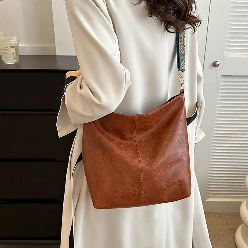 Wide Geometric Strap Shoulder Bag Large Capacity Crossbody Bags For Women,Retro Pu Leather Women's Bag For Shopping Travel