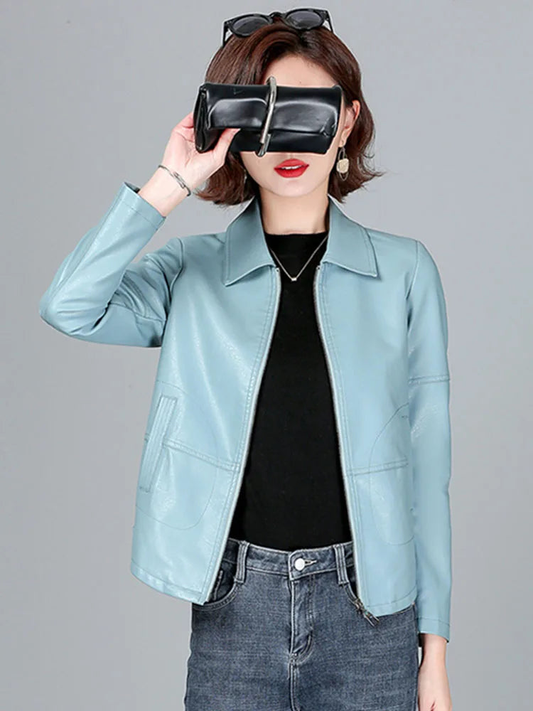 New Women Sheepskin Jacket Spring Autumn 2025 Fashion Casual Long Sleeve Short Zipper Leather Coat Loose Split Leather Outerwear