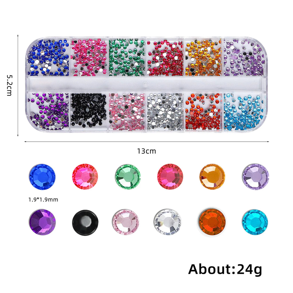 12 Cell Sparkling Crystal Nail Art Beads - Flat Base Stones for Multi‑scene Embellishment - Decorates Nails Shoes Makeup Pouches